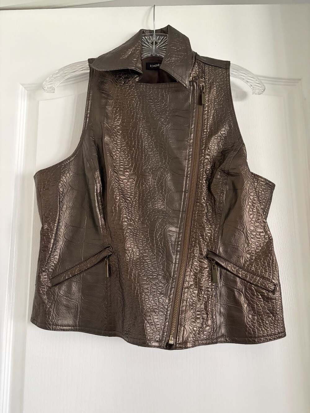 bebe Faux Leather Croc-Embossed Asymmetrical Biker Vest Bronze
